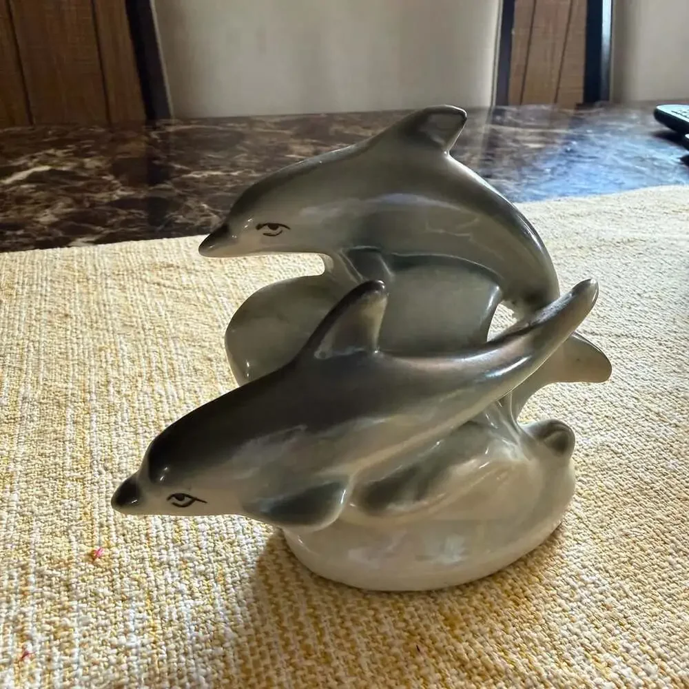 Vintage Lusterware Two Dolphins on a Wave Figurine Grey Ceramic